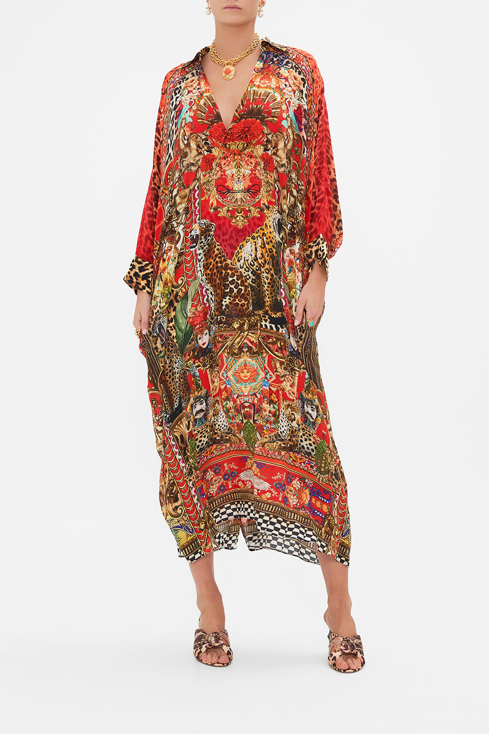 Front view of model wearing CAMILLA printed silk kaftan in From Generation to Generation print