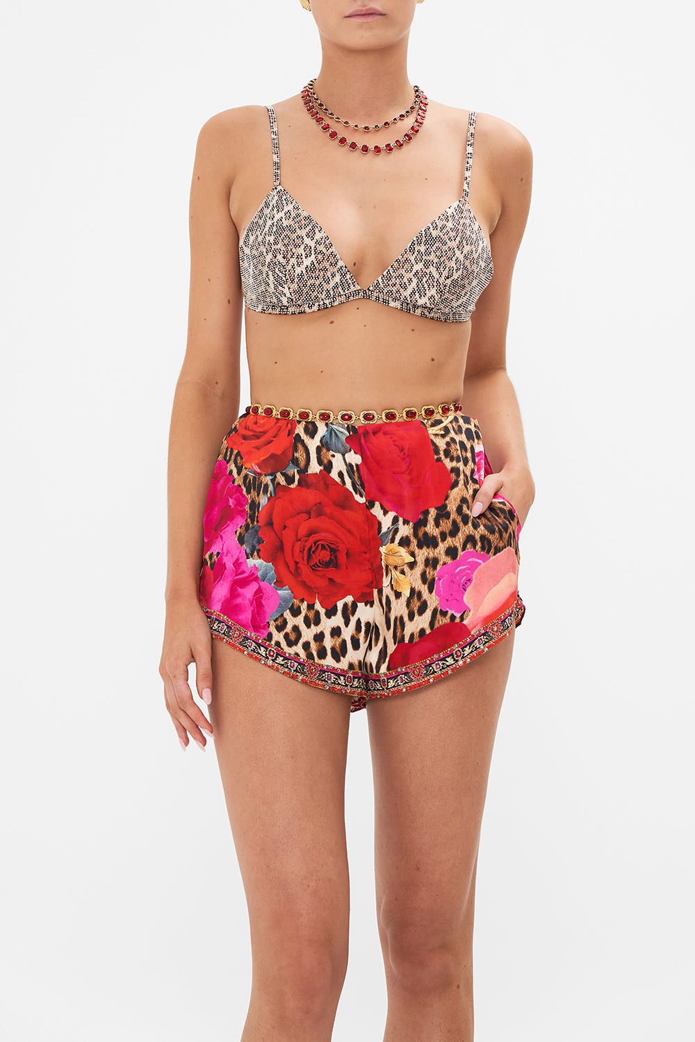 Detail view of model wearing CAMILLA crystal bra in Heart Likle A Wildflower print 