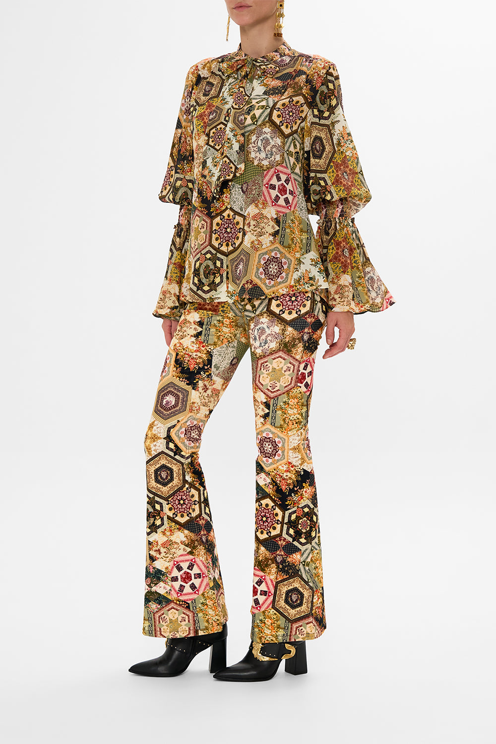 CAMILLA Floral Elastic Sleeve Tie Front Blouse in Stitched in Time print