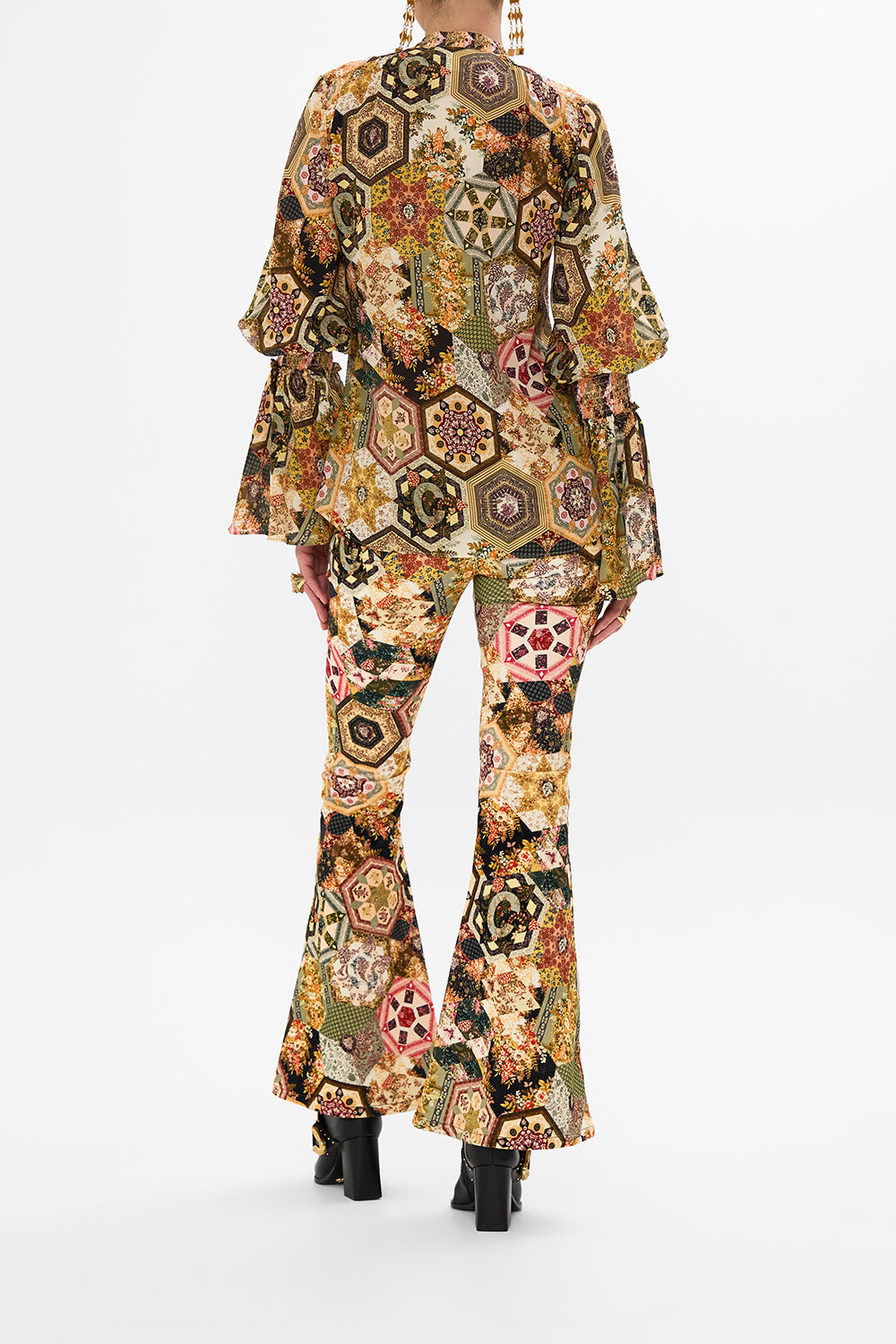 CAMILLA Floral Elastic Sleeve Tie Front Blouse in Stitched in Time print