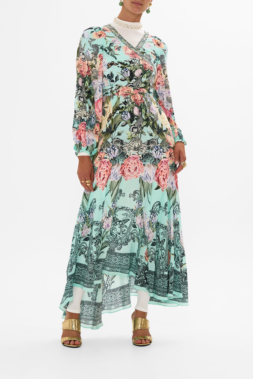 CAMILLA Floral Wrap Tie Dress with Blouson Sleeve in Petal Promise Land