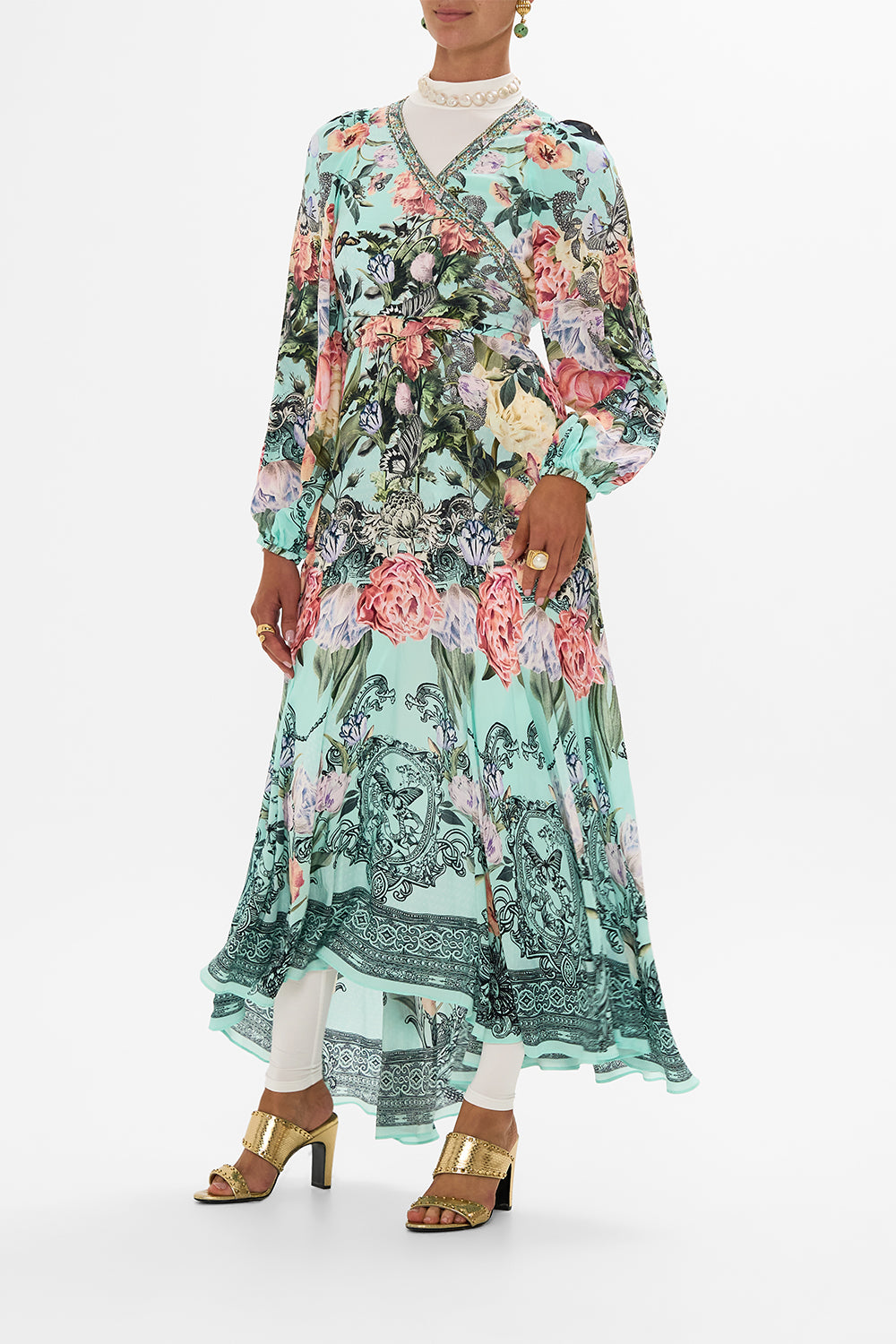 CAMILLA Floral Wrap Tie Dress with Blouson Sleeve in Petal Promise Land