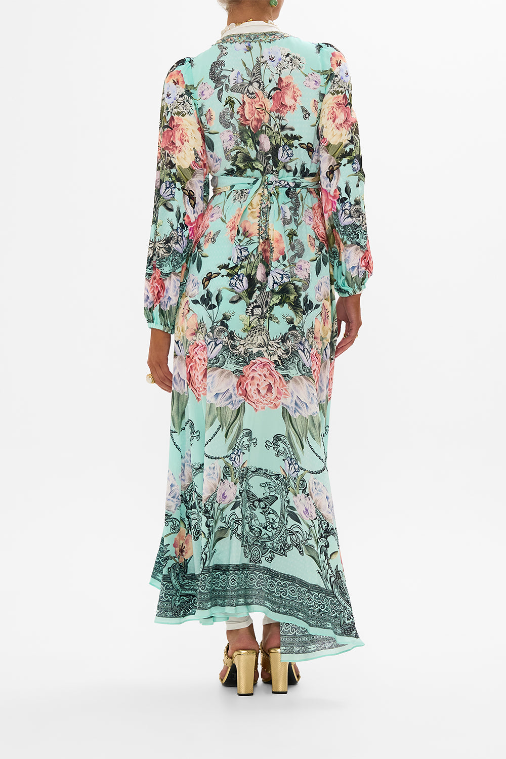 CAMILLA Floral Wrap Tie Dress with Blouson Sleeve in Petal Promise Land