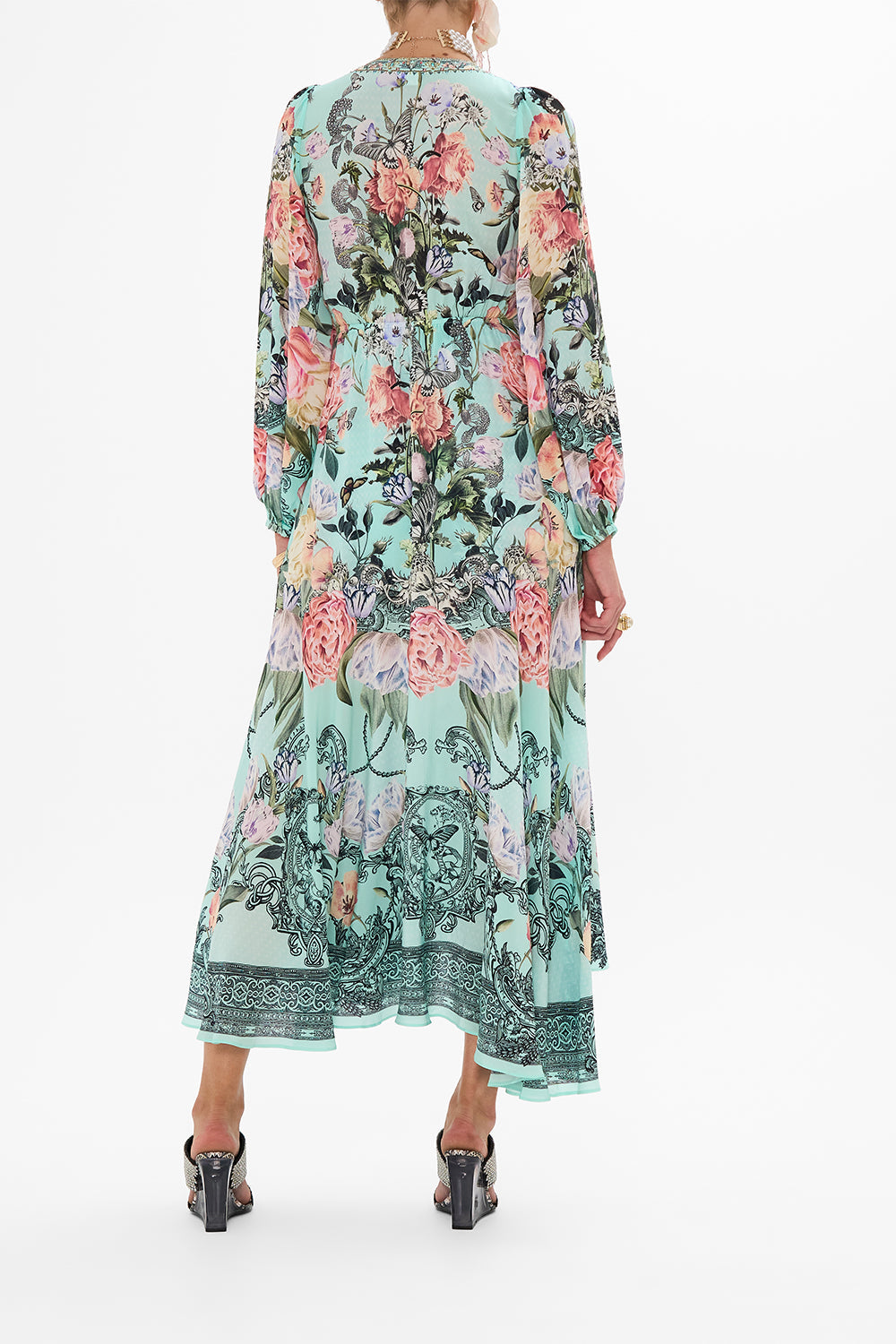 CAMILLA Floral Wrap Tie Dress with Blouson Sleeve in Petal Promise Land