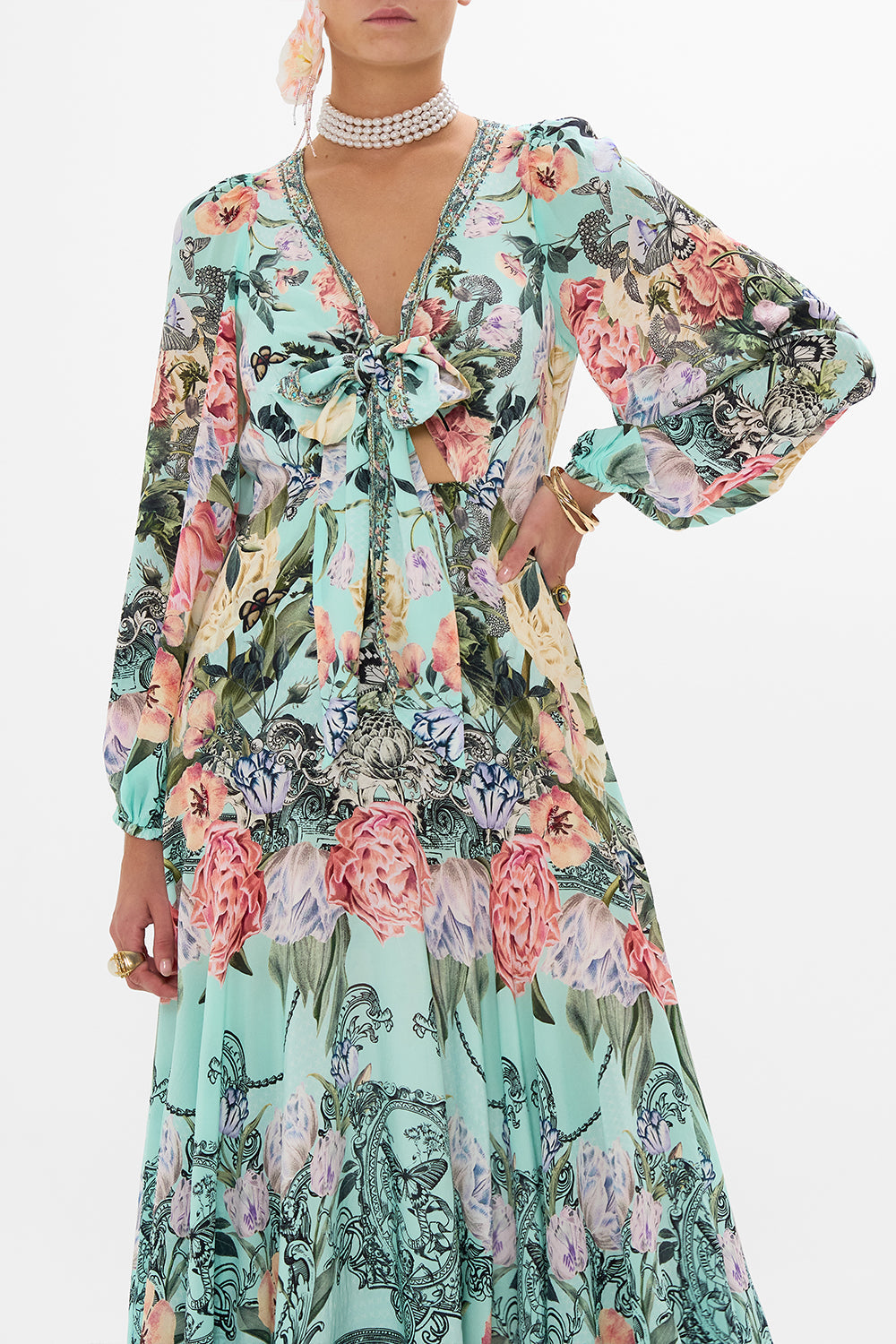 CAMILLA Floral Wrap Tie Dress with Blouson Sleeve in Petal Promise Land