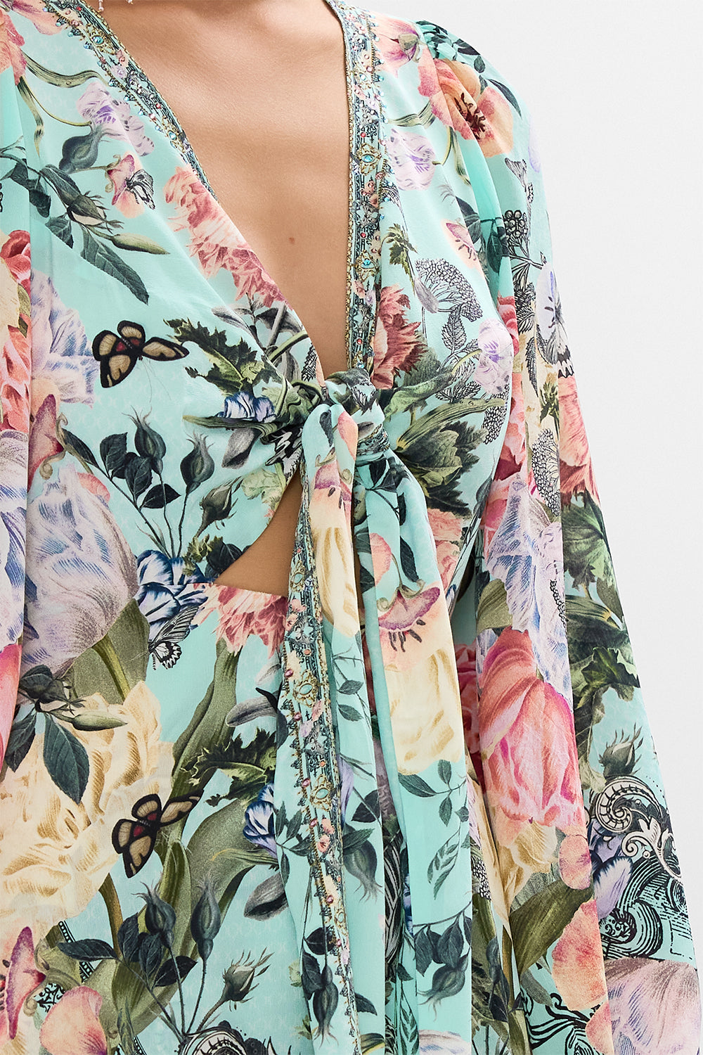 CAMILLA Floral Wrap Tie Dress with Blouson Sleeve in Petal Promise Land