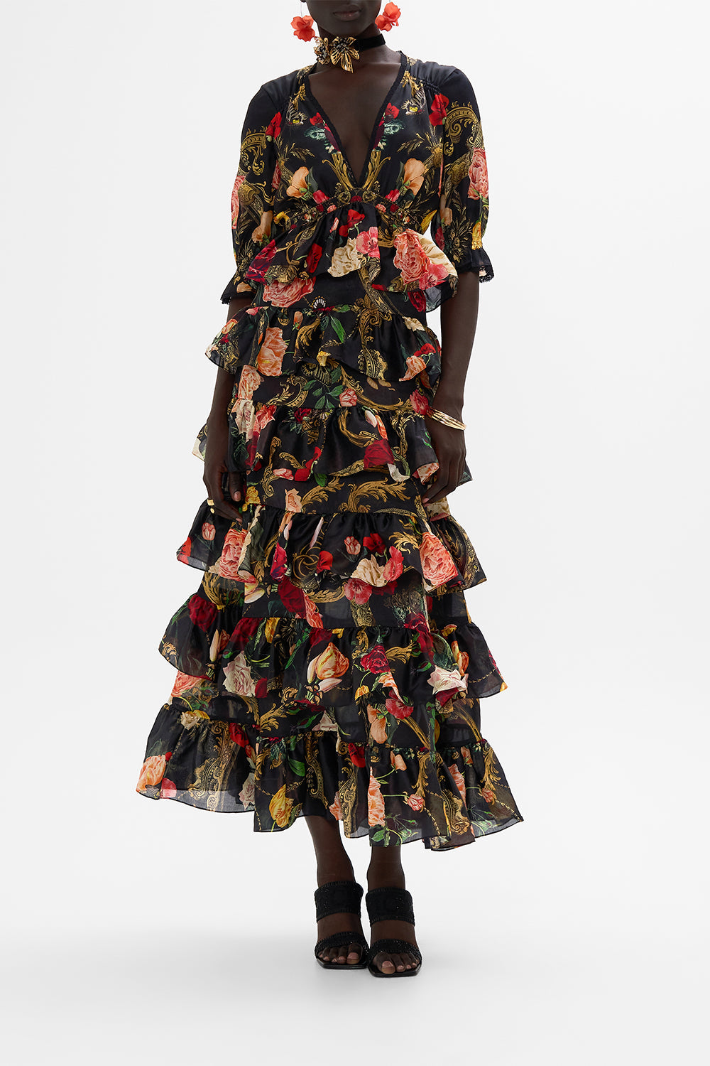CAMILLA floral puff sleeve dress in Magic In The Manuscripts print 