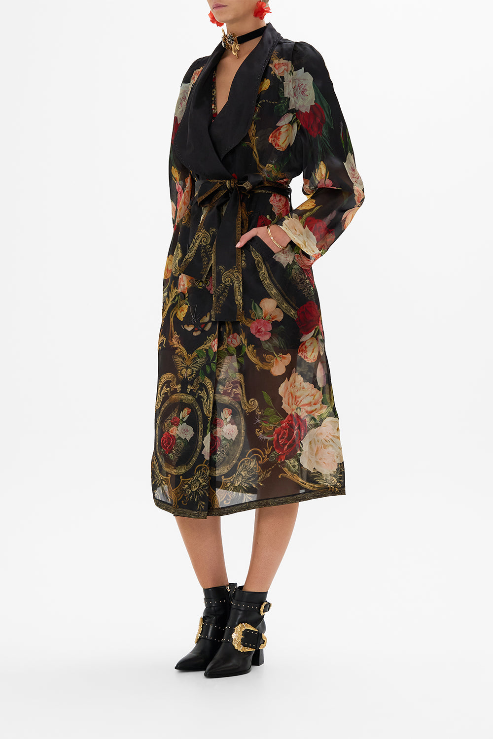 CAMILLA Black Coat with Vest Detail in Magic in the Manuscripts print