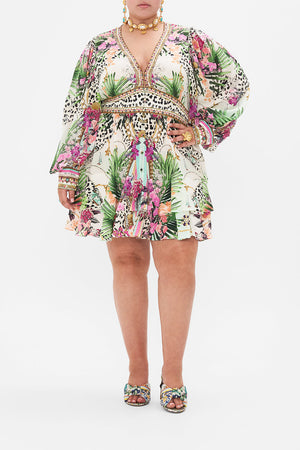 Front view of curvy model wearing CAMILLA plus size silk dress in Dear Amore Mio print