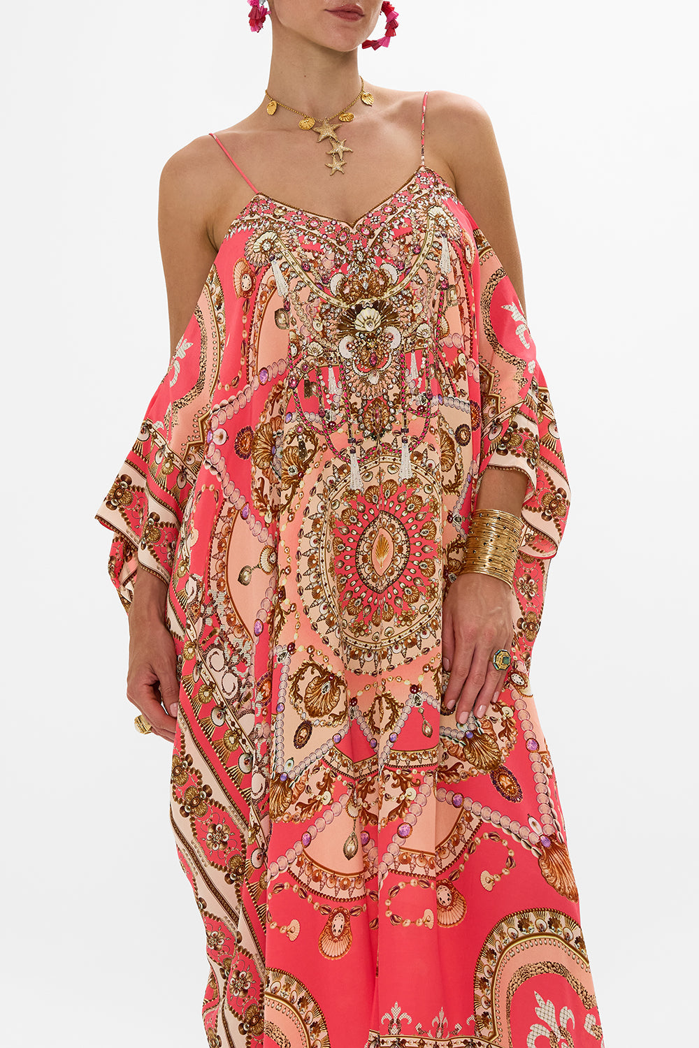 CAMILLA Pink Shoestring Strap Kaftan in Shell Games