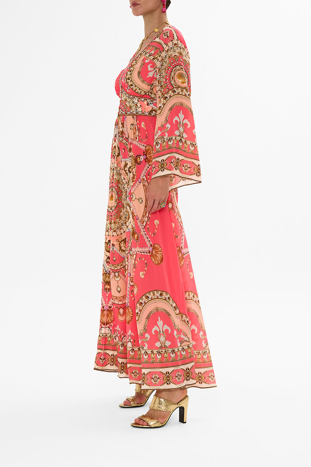 CAMILLA Pink Kimono Sleeve Dress with Shirring Detail in Shell Games