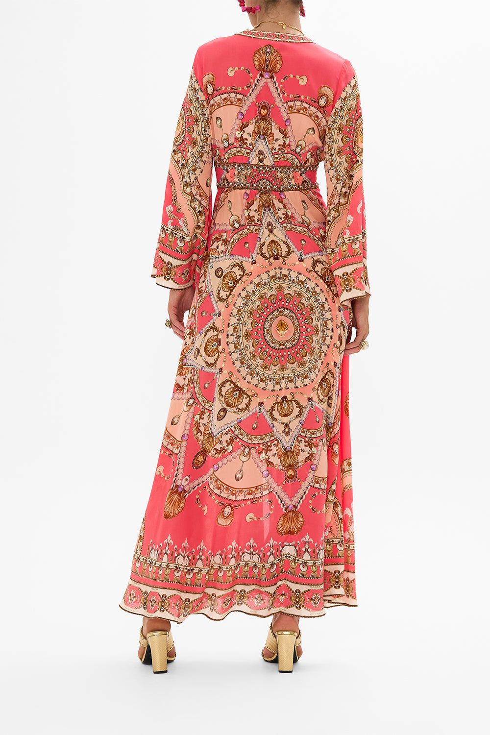 CAMILLA Pink Kimono Sleeve Dress with Shirring Detail in Shell Games