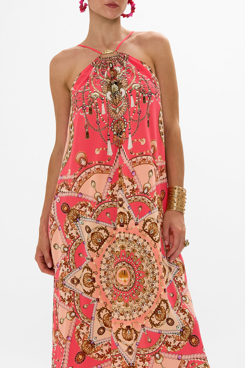 CAMILLA Pink Gather Neck Hardware Maxi Dress in Shell Games