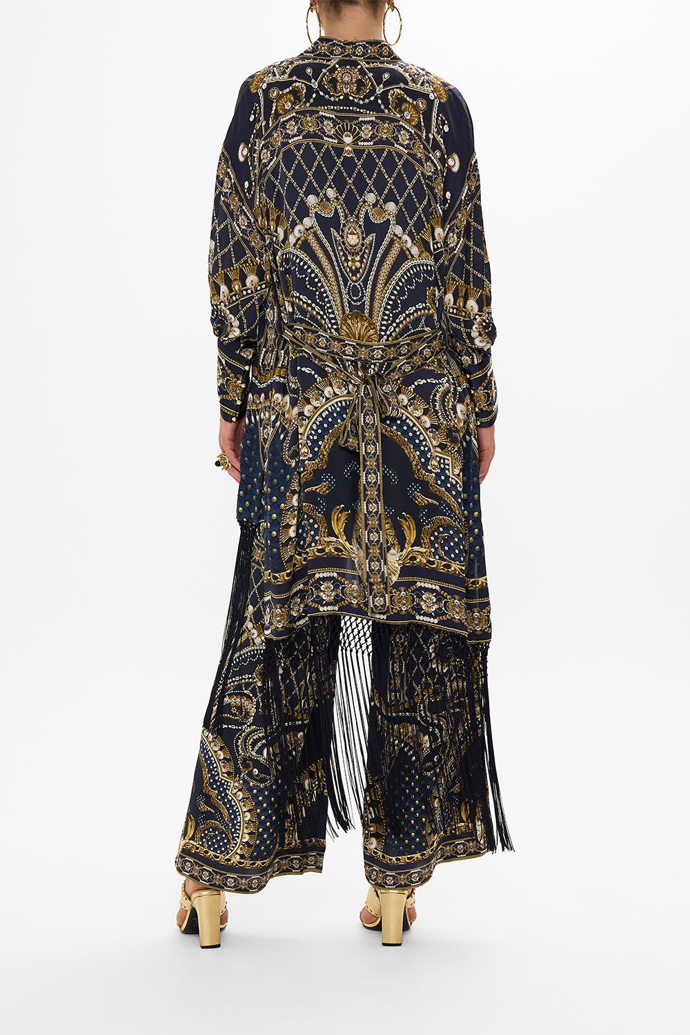 CAMILLA Gold High Low Hem Layer with Macrame Fringing in Dance with the Duke print