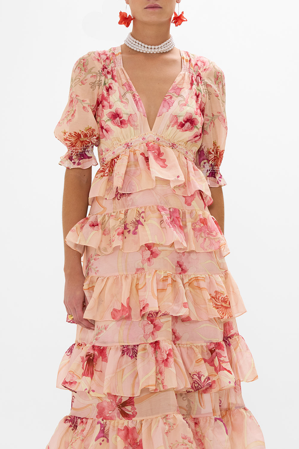 CAMILLA Floral Puff Sleeve Tiered Skirt Long Dress in Blossoms and Brushstrokes