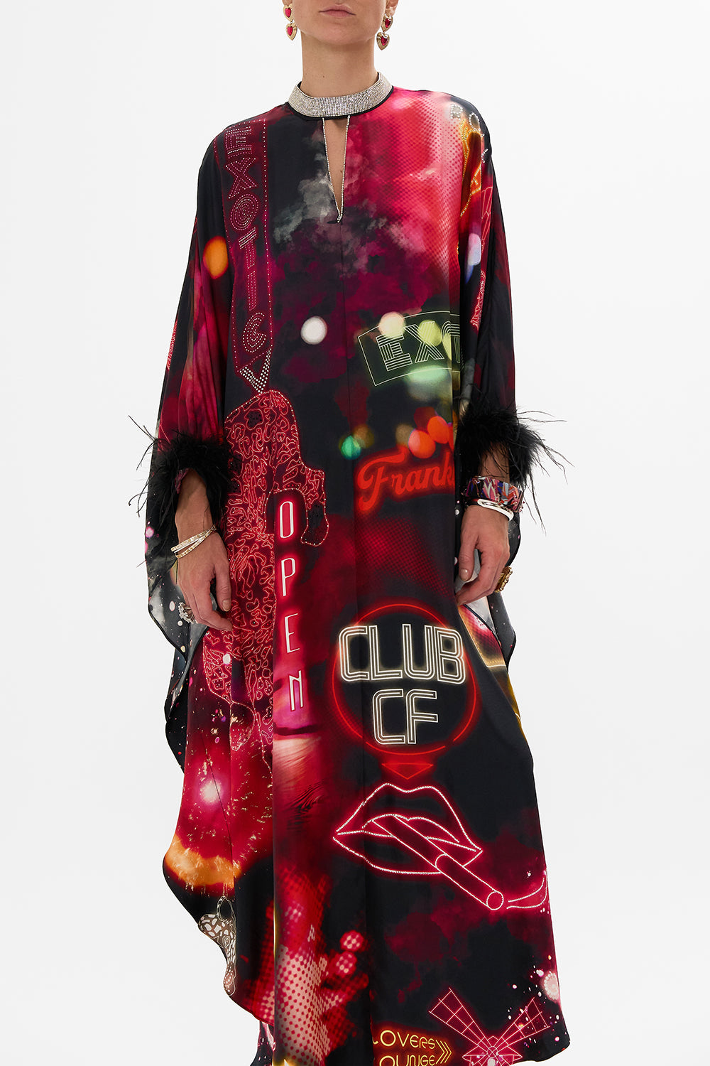 CAMILLA Black Kaftan with High Collar Stand in Electric Loveland