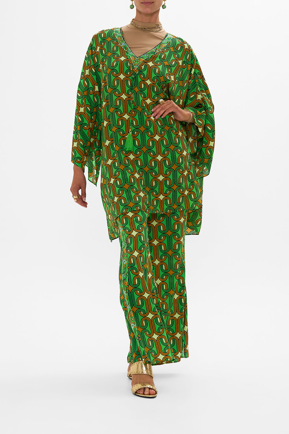 CAMILLA Green V-Neck Short Kaftan with Ties in Good Vibes Generation