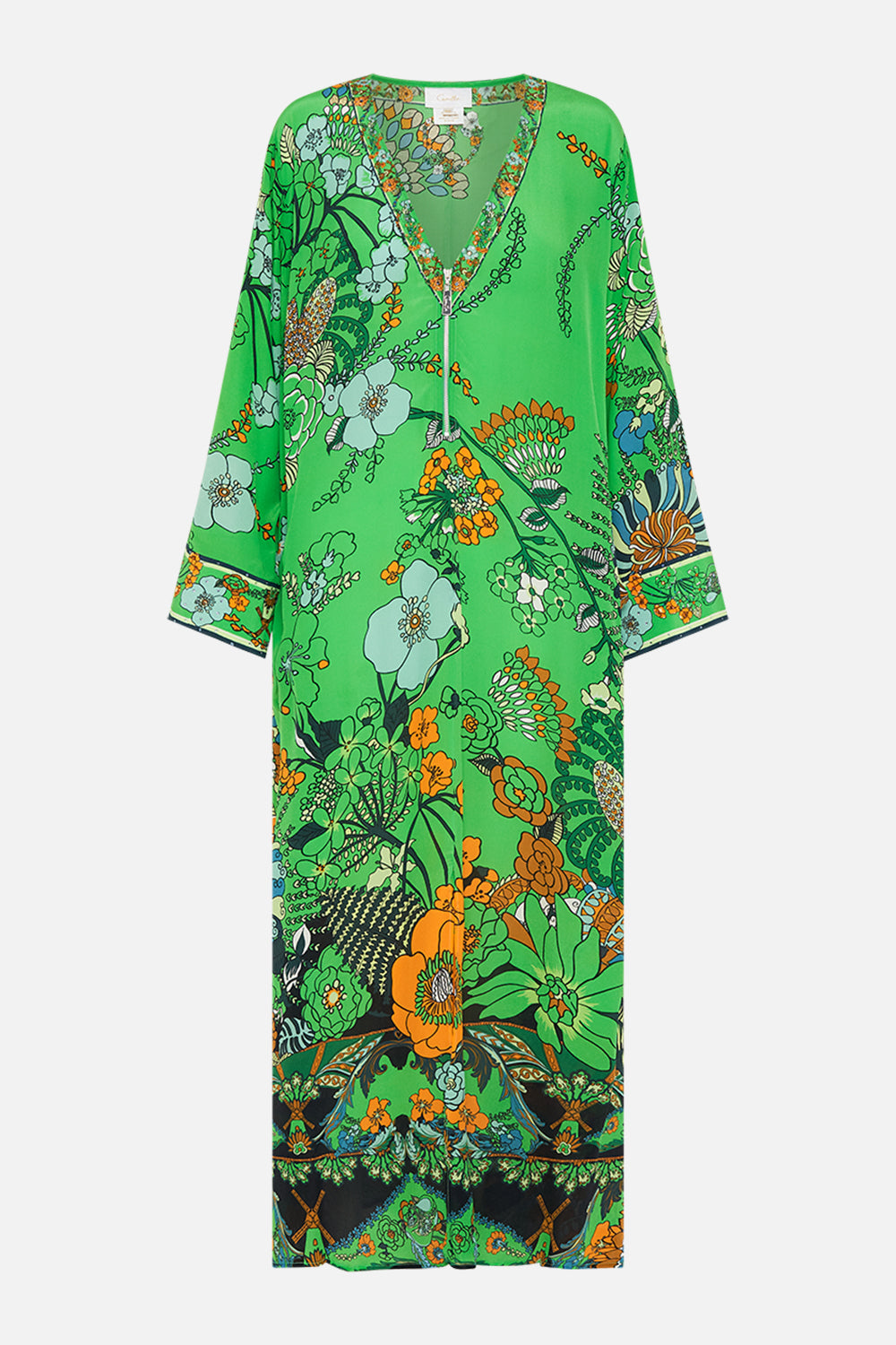 CAMILLA Green Pocket Kaftan with Zip in Good Vibes Generation print