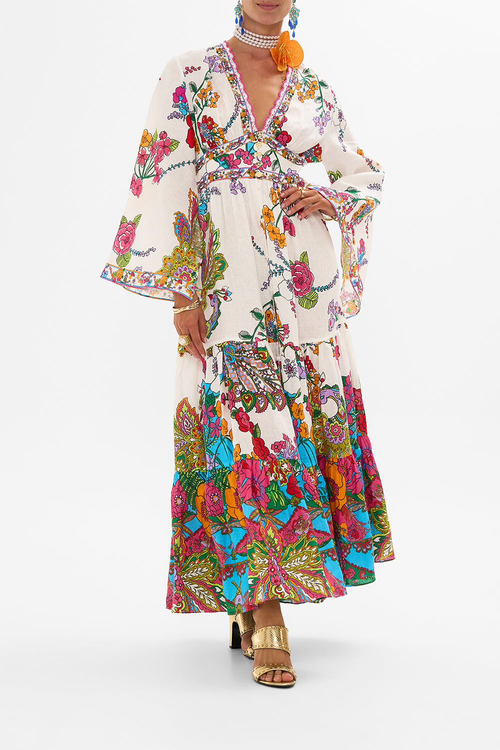CAMILLA Floral Dress with Tiered Skirt in Cosmic Prairie