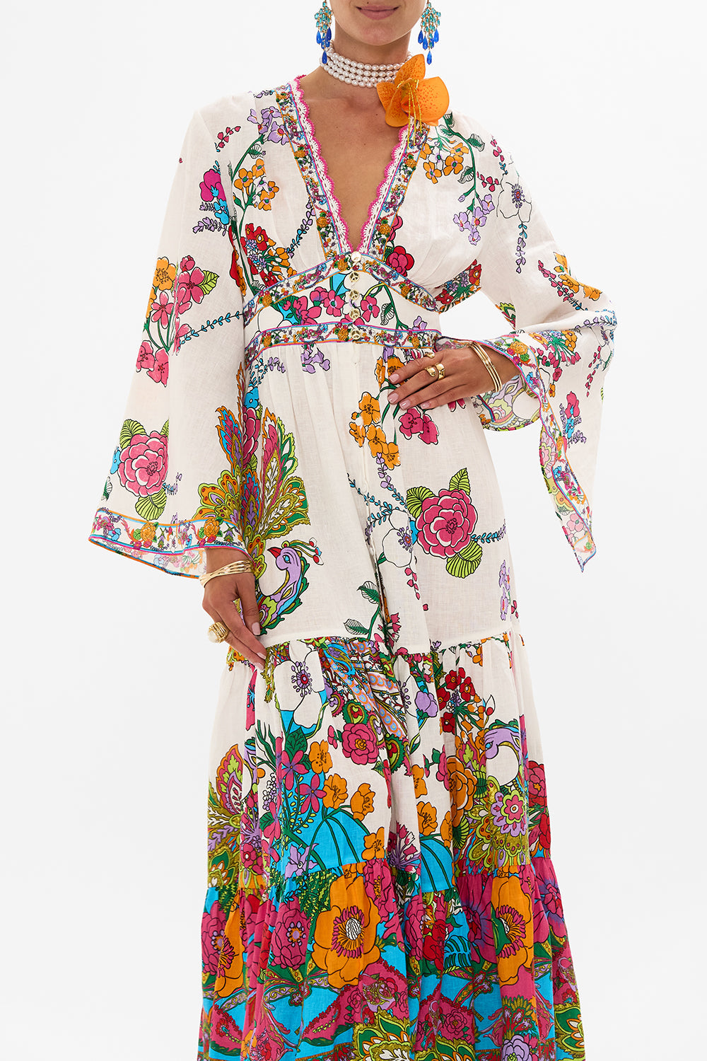 CAMILLA Floral Dress with Tiered Skirt in Cosmic Prairie