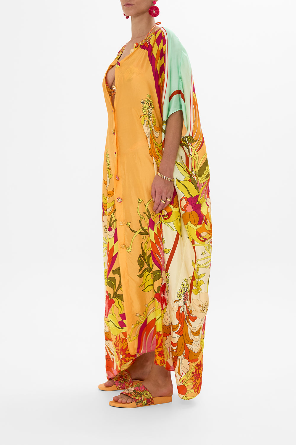 CAMILLA Floral Button Through Batwing Kaftan in The Flower Child Society