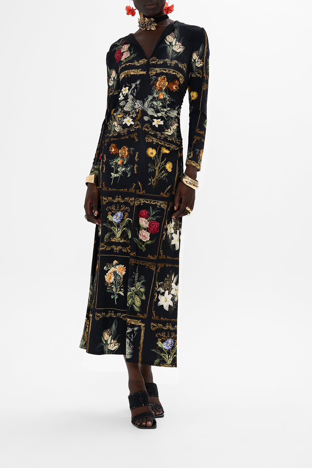 CAMILLA Black Gathered Jersey Long Dress in Magic in the Manuscripts