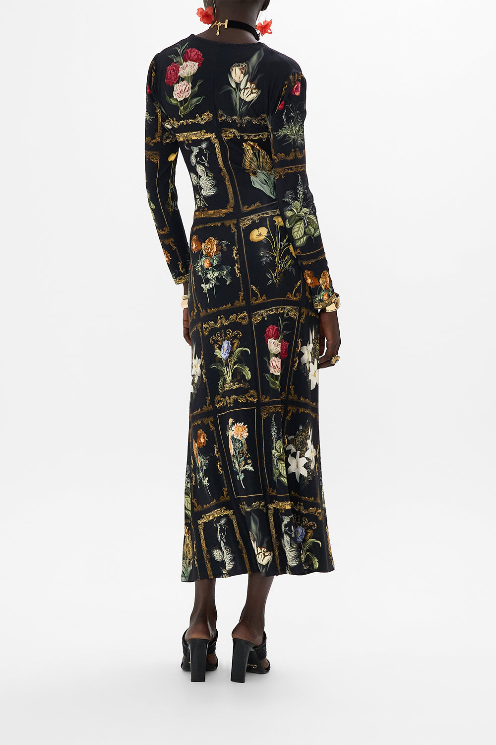 CAMILLA Black Gathered Jersey Long Dress in Magic in the Manuscripts