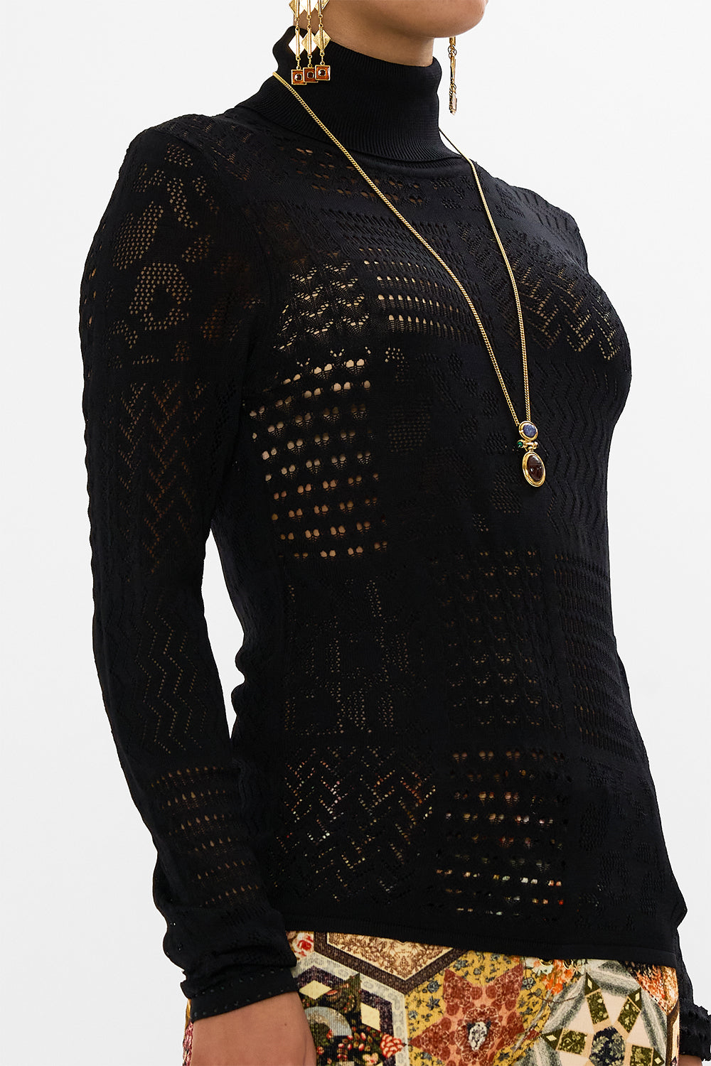 CAMILLA floral pointelle turtle neck knit in Stitched In Time print.