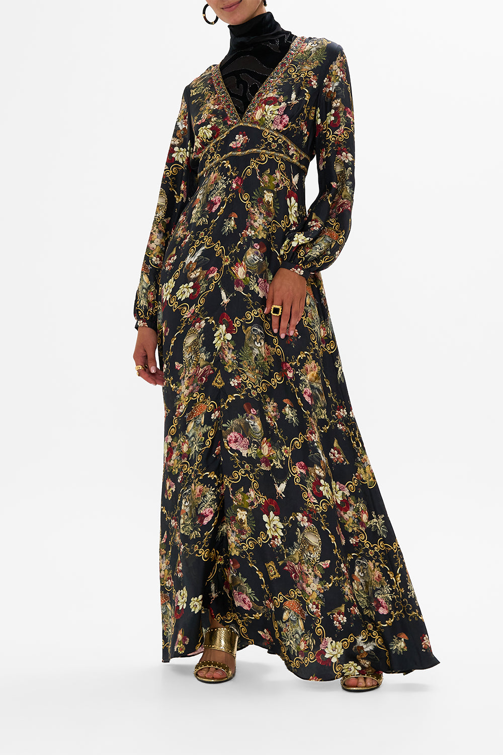 CAMILLA Black Lantern Sleeve Dress in Told in the Tapestry print