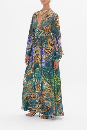 Side view of model wearing CAMILLA silk kimono dress in Fan Dance print