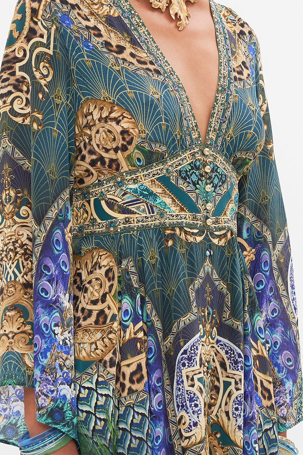 Detail view of model wearing CAMILLA silk kimono dress in Fan Dance print