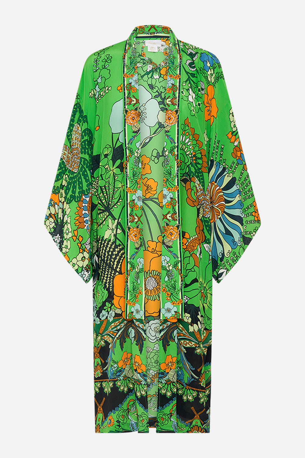 CAMILLA Green Mid Length Kimono Layer with Collar in Good Vibes Generation