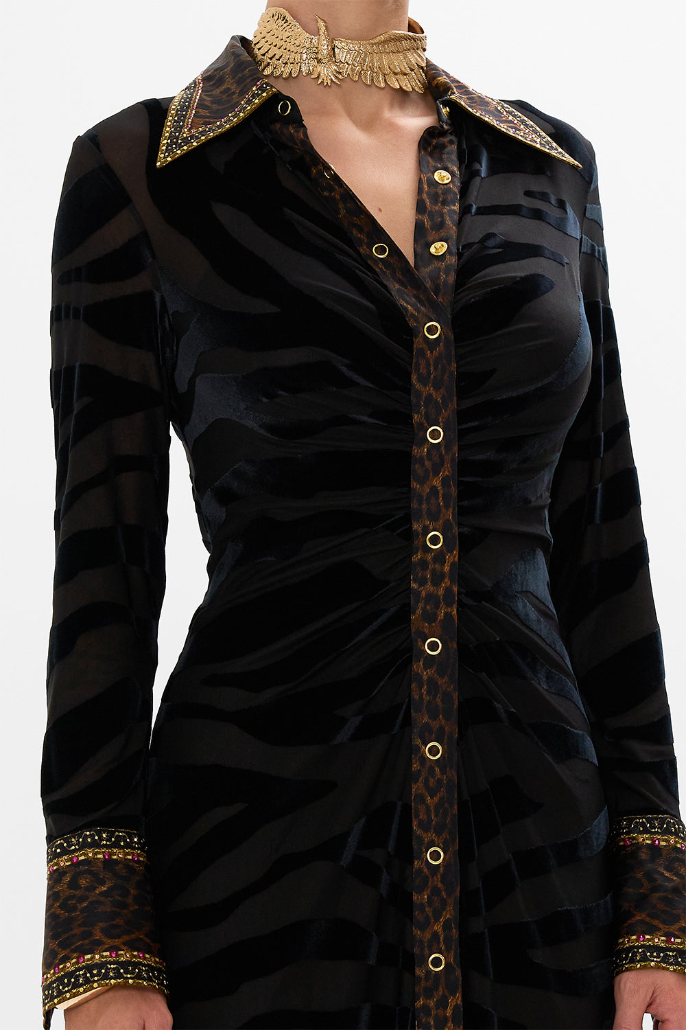CAMILLA leopard stretch velvet animal shirt dress in Amsterglam print.