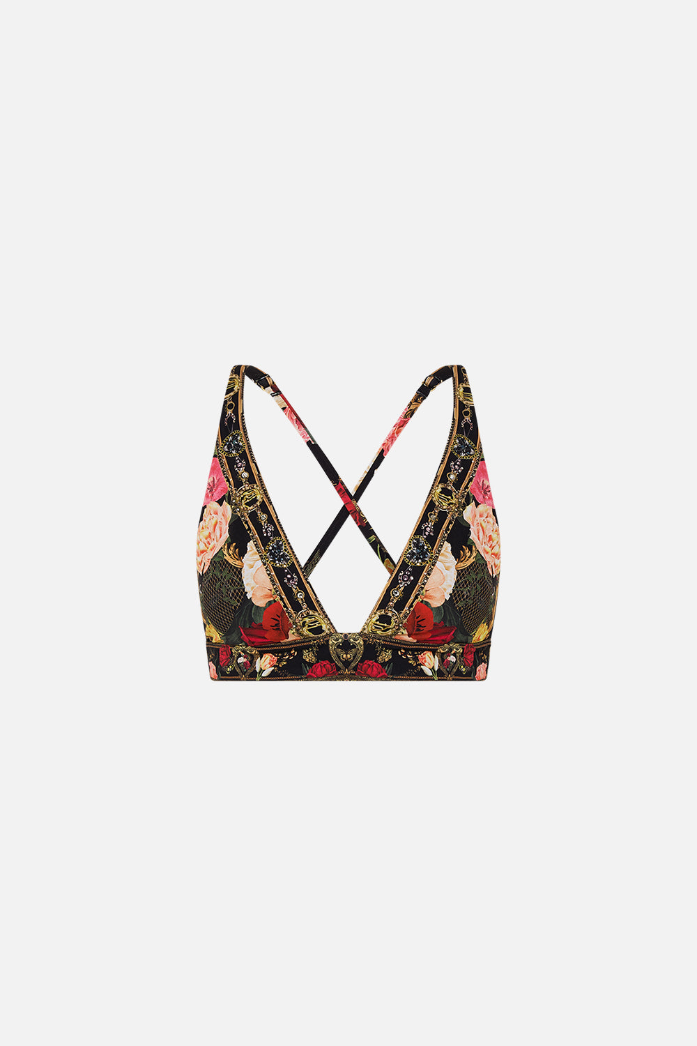 The CAMILLA DRAPED TOP WITH HARDWARE VALLEY OF THE QUEENS in our  print.