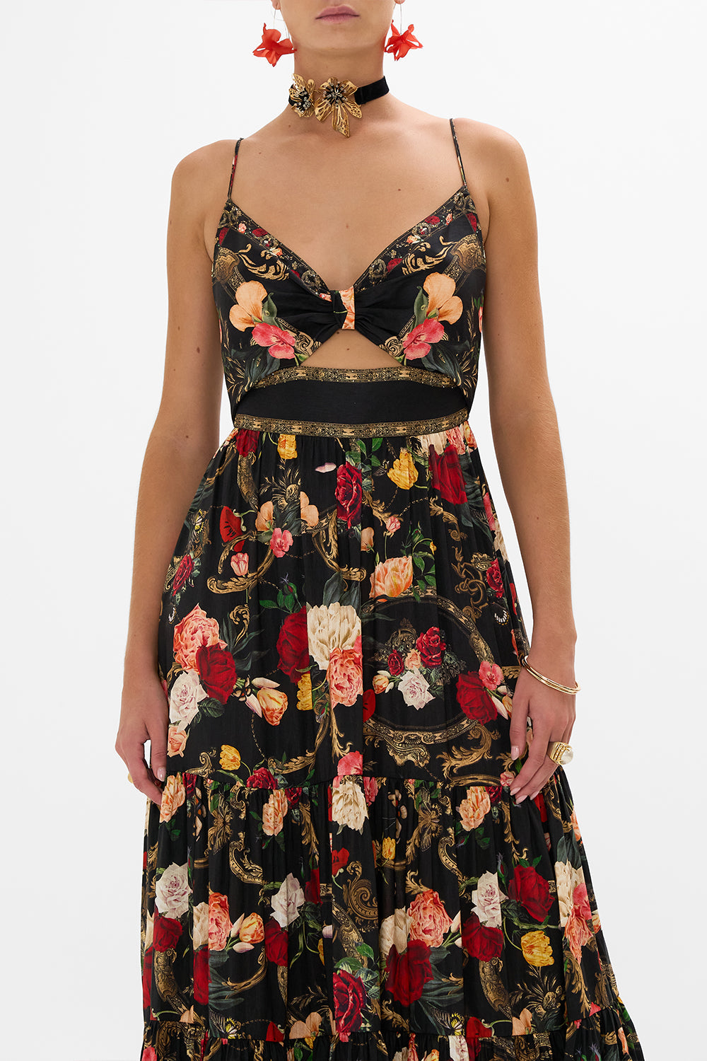 CAMILLA black floral print silk maxi dress in Magic In The Manuscripts print