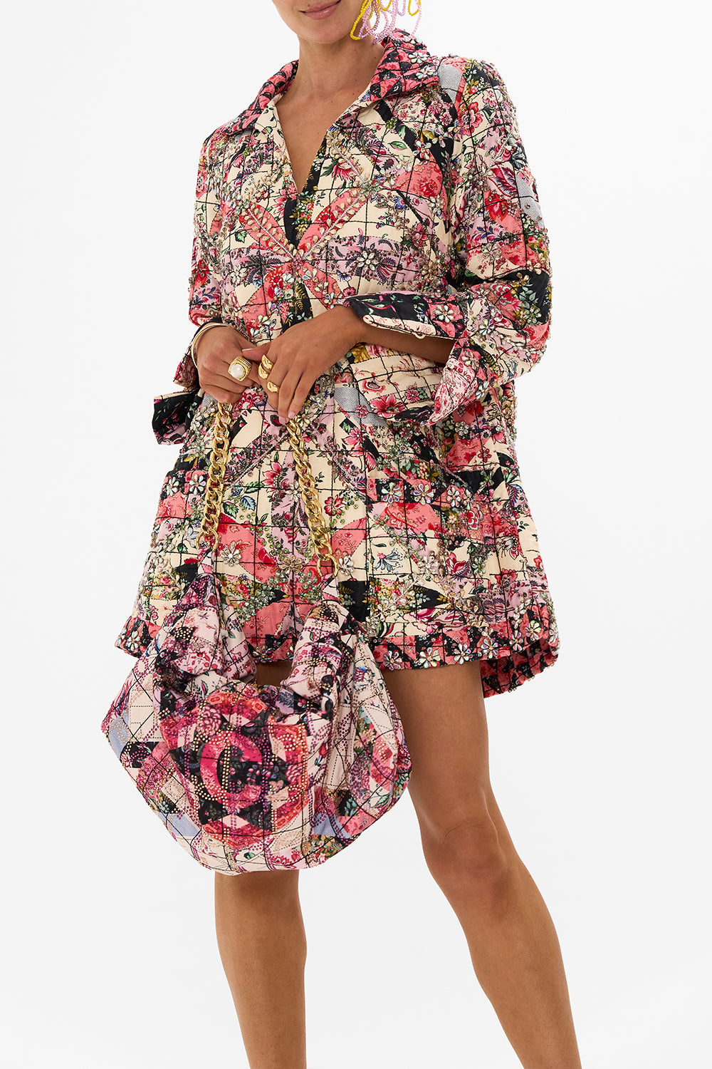 CAMILLA floral oversized clutch with chain in Patchwork Poetry