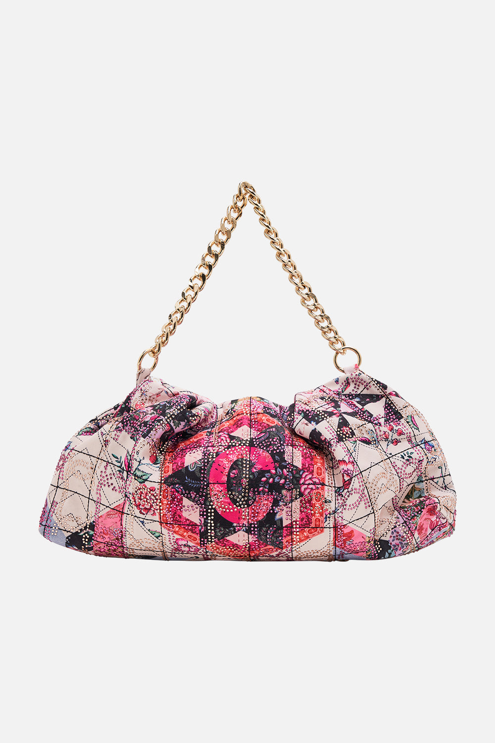 CAMILLA floral oversized clutch with chain in Patchwork Poetry