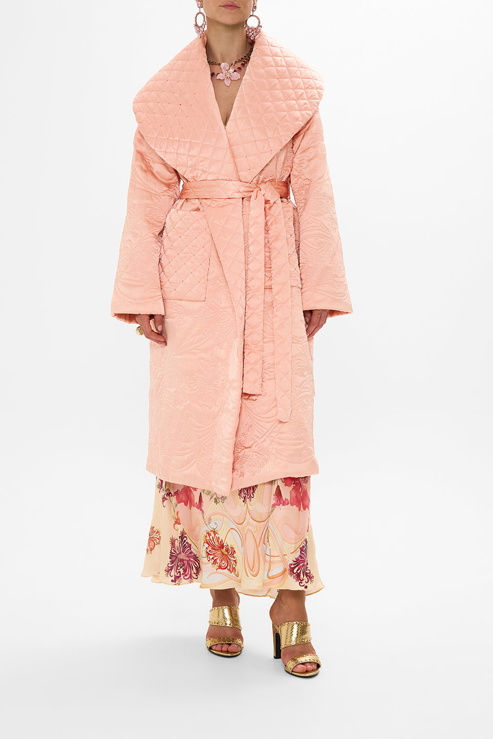 QUILTED LONG WRAP COAT BLOSSOMS BRUSHSTROKES