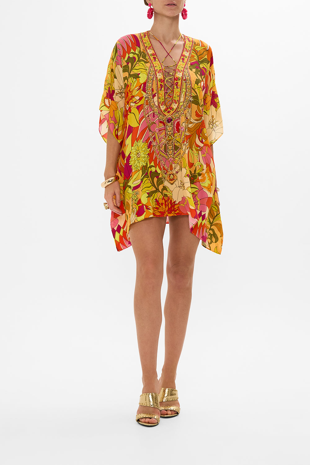 CAMILLA Floral Short Lace Up Kaftan in The Flower Child Society print