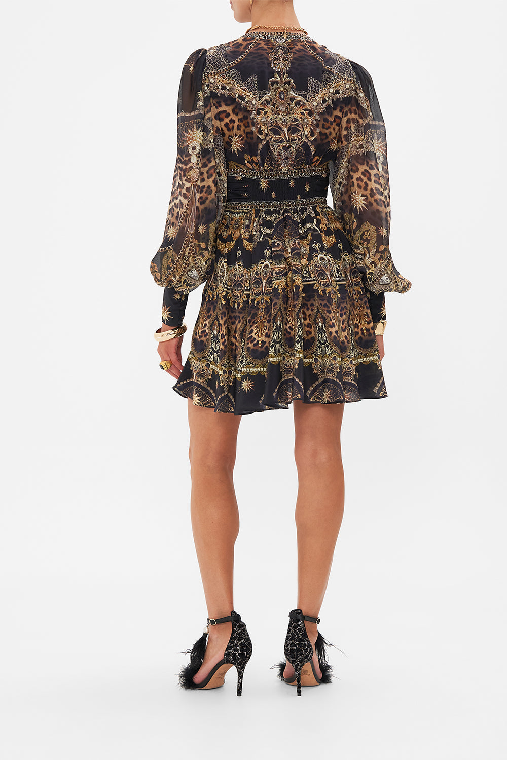 Back view of model wearing CAMILLA mini dress in Masked At Moonlight print 