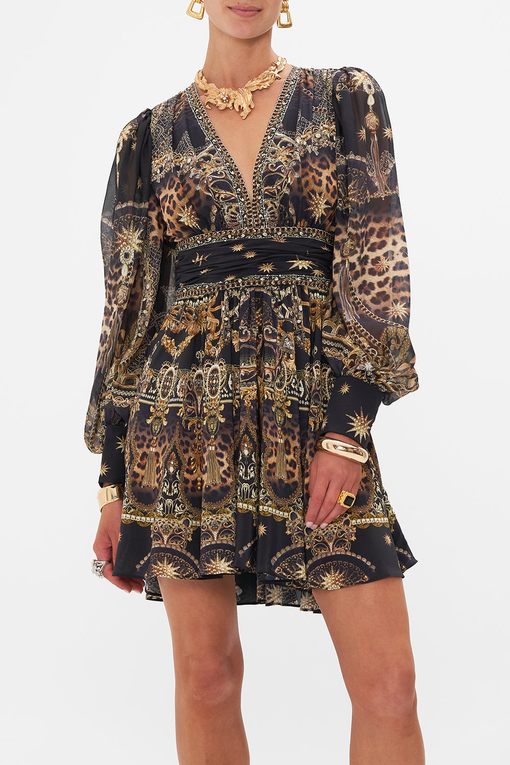 Detail view of model wearing CAMILLA mini dress in Masked At Moonlight print 