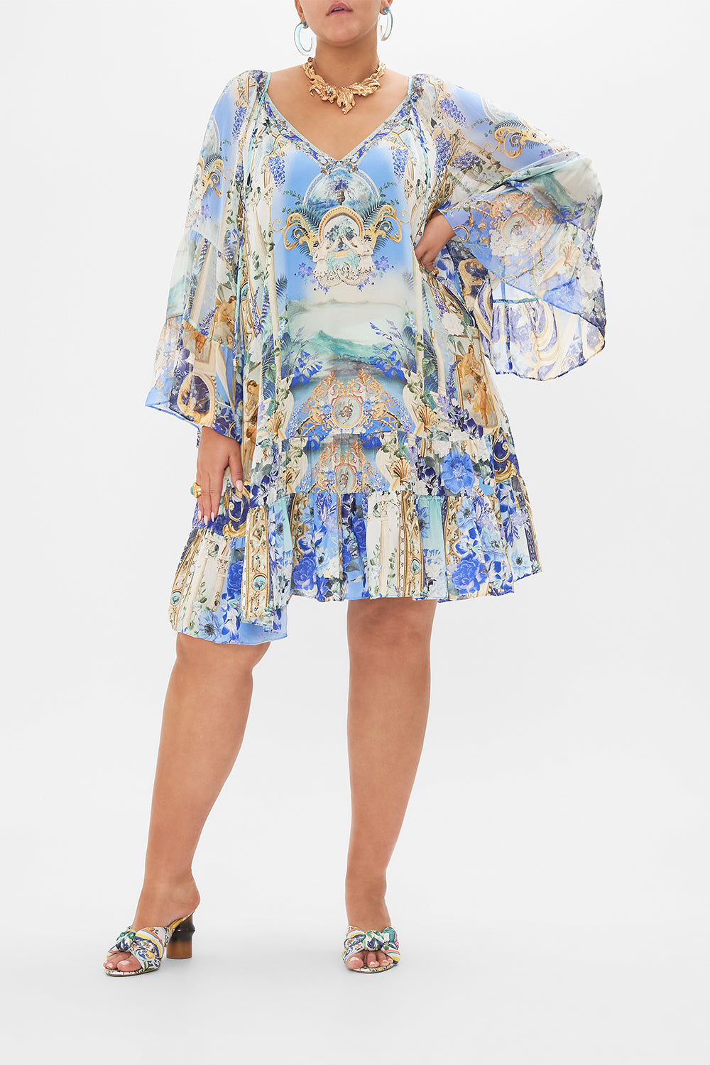 From view of  curvy model wearing CAMILLA plus size silk dress in Views Of Vesuvius print 