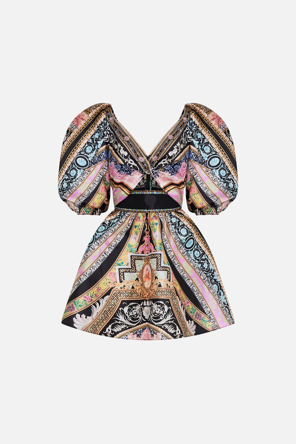 CAMILLA silk mini dress with puff sleeves in Florence Field Day print