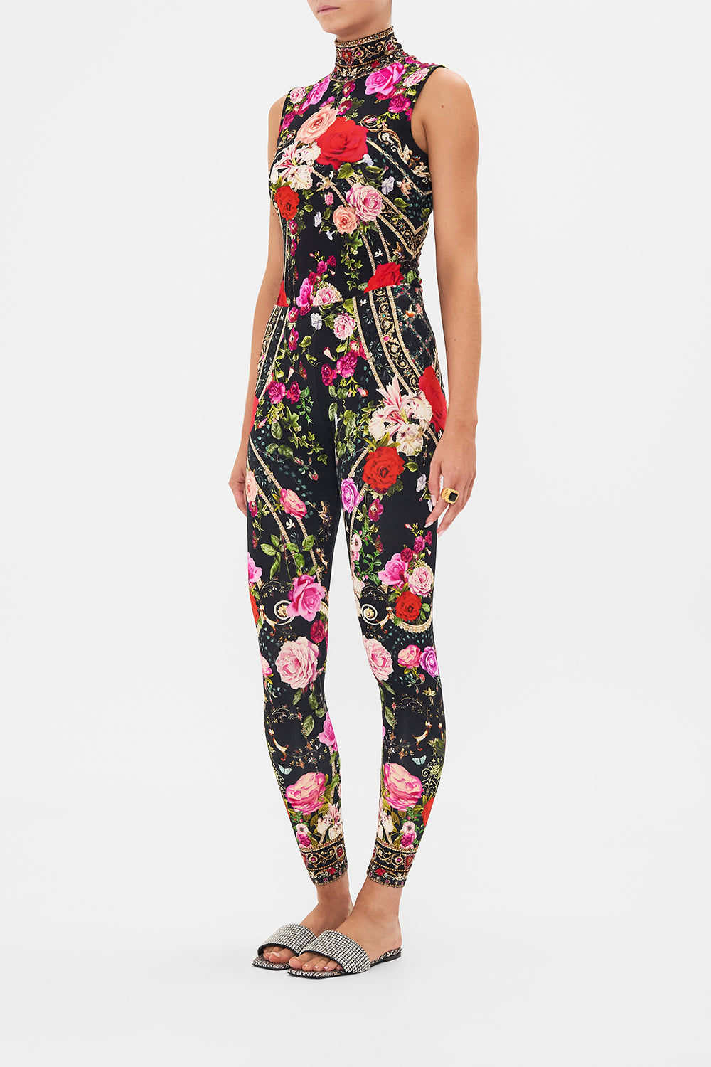 Side view of model wearing CAMILLA womens leggings in Reservation For Love print