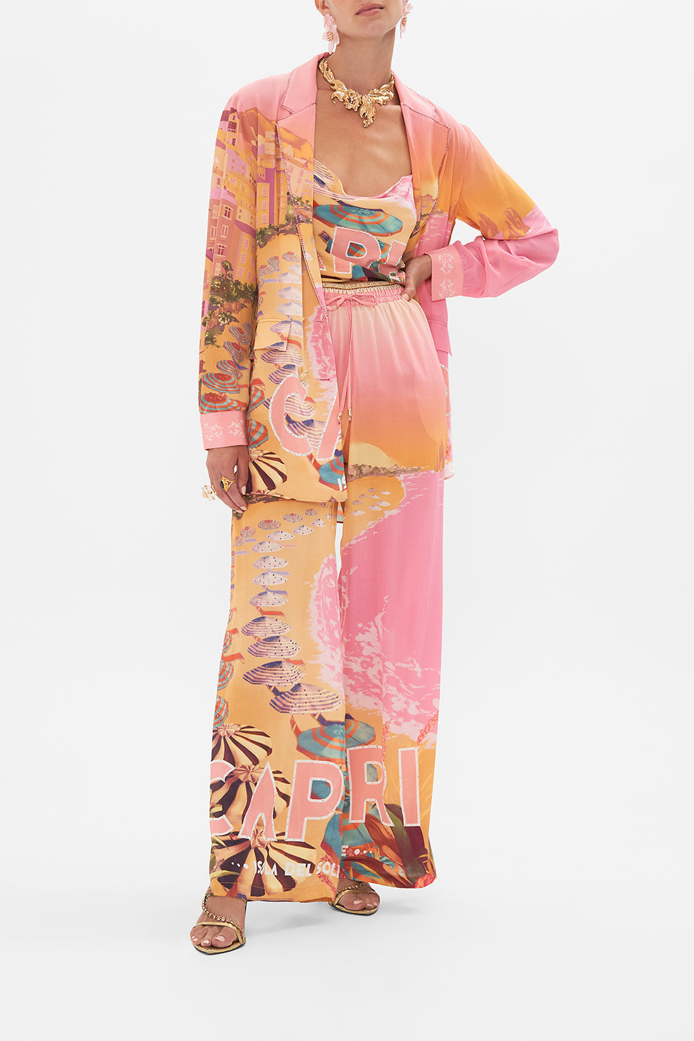 Detail view of model wearing CAMILLA silk jacket in Capri Me print 