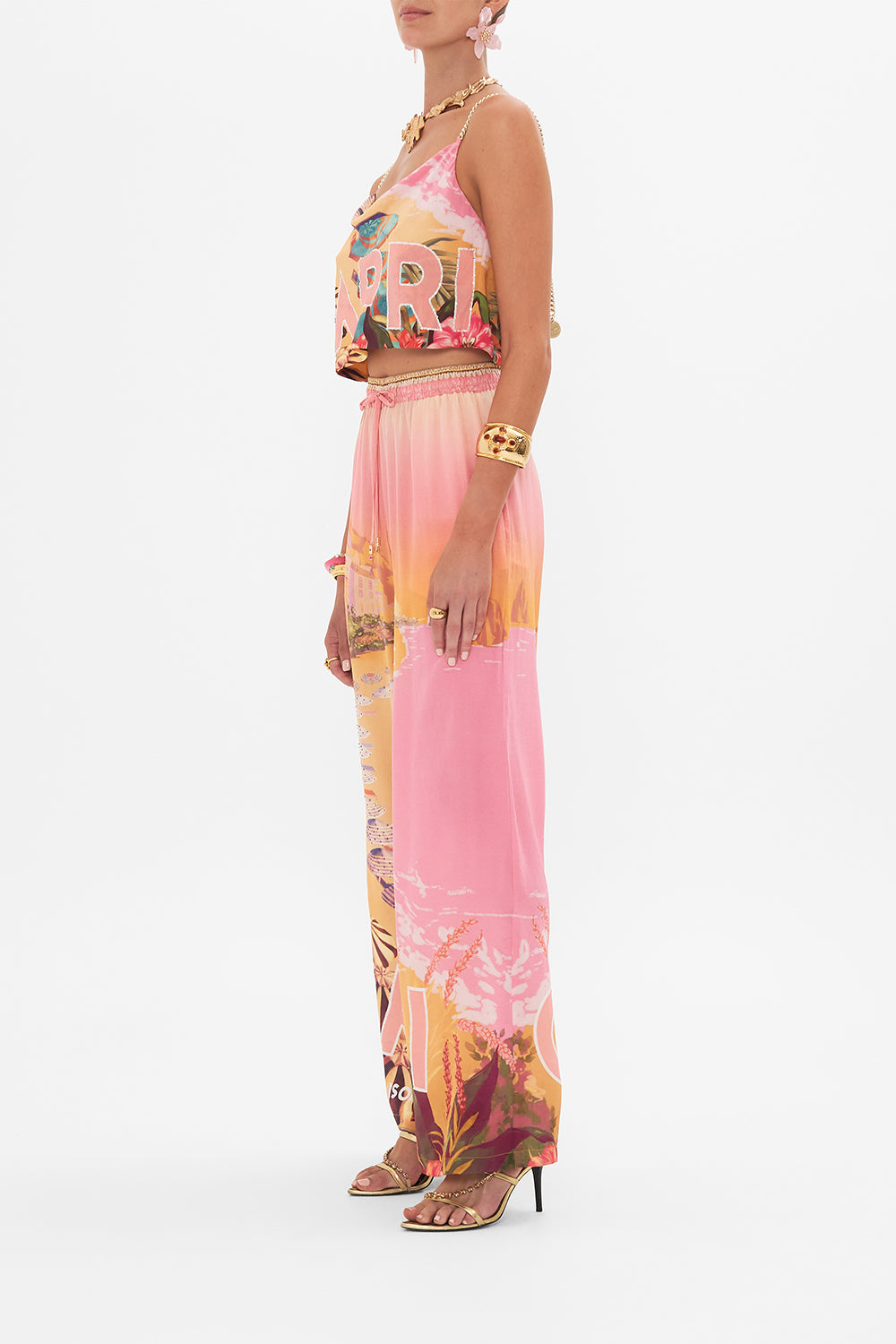 Side view of model wearing CAMILLA silk crop cami in Capri Me print 