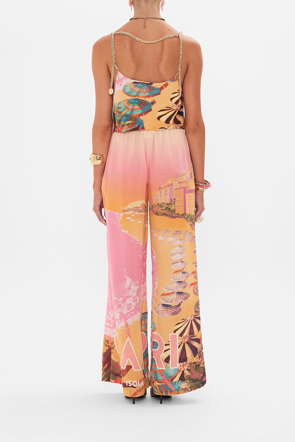 Back view of model wearing CAMILLA silk crop cami in Capri Me print 