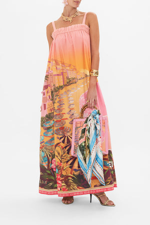 Front view of model wearing CAMILLA sundress in Capri Me print
