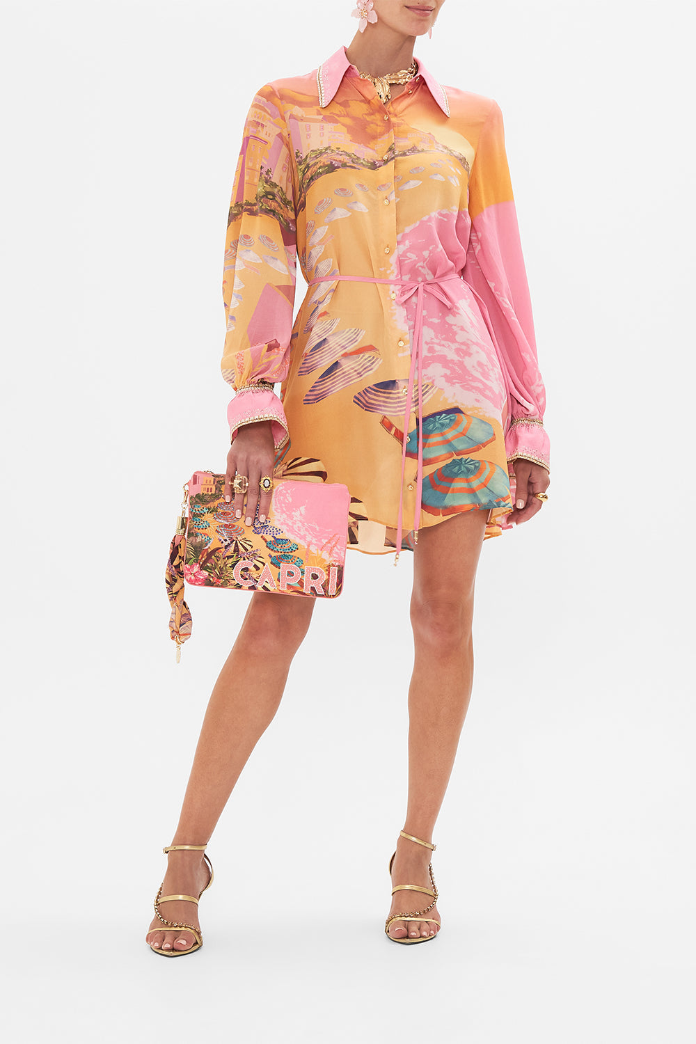 Front view of model wearing CAMILLA silk shirt dress in Capri Me print