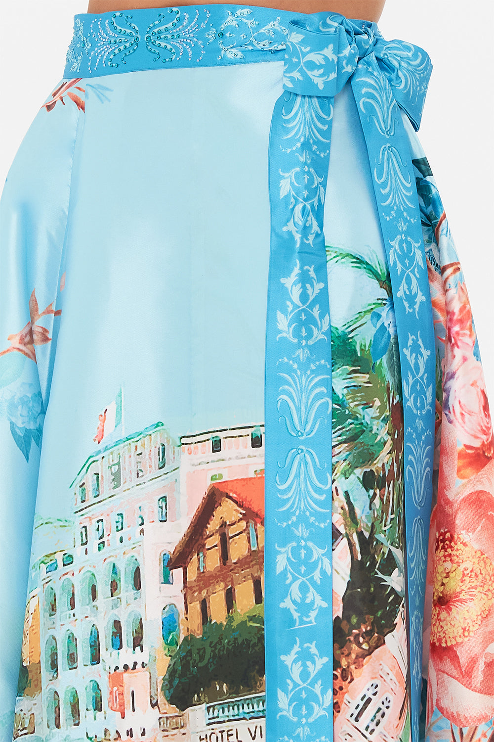 Detail view of model wearing CAMILLA maxi wrap skirt in From Sorrento With Love print
